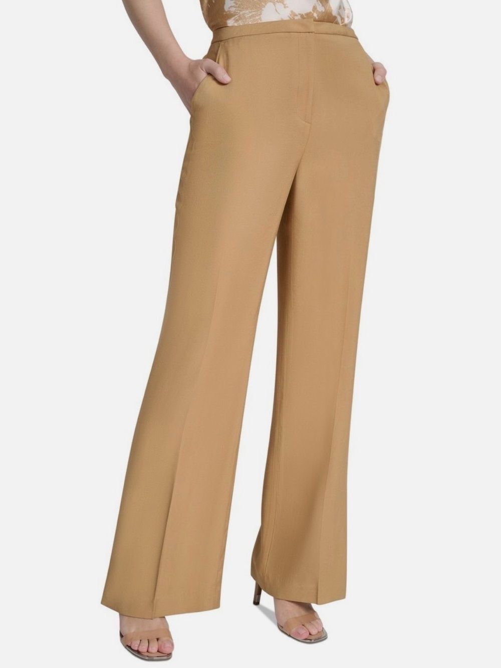 DKNY Petite Slim Fit Flare Leg Dress Pants Camel Tan Zip Trousers 10P NEW